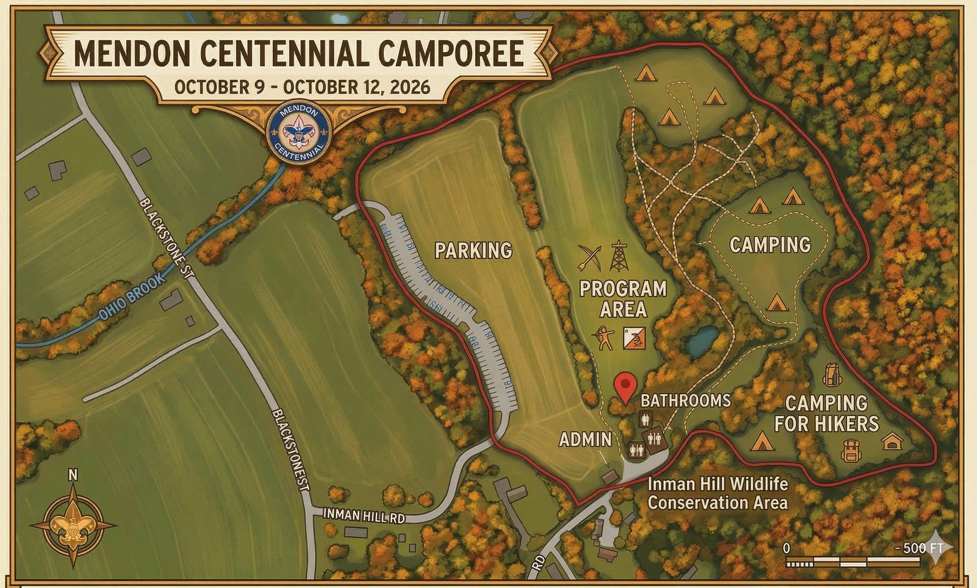 Camporee graphic map showing the Inman Hill event layout.