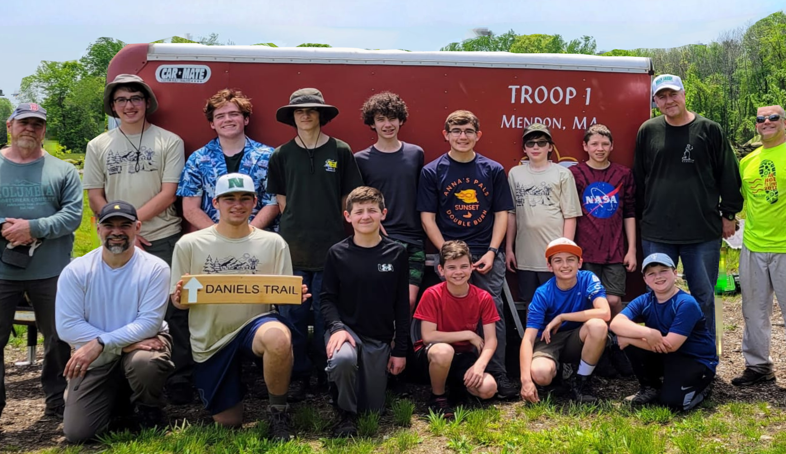 Troop 1 Mendon group photo by trailer.